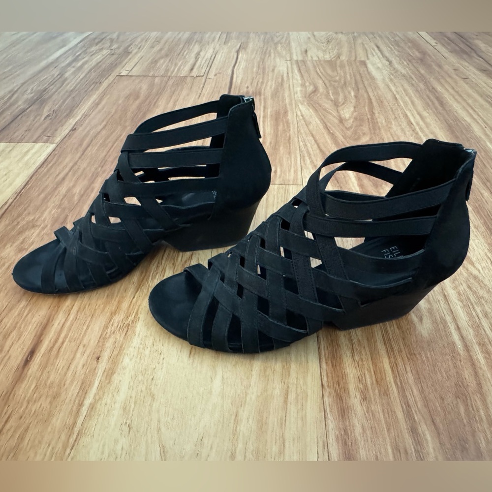 Eileen Fisher Oodle Cutout Sandal Stacked Heel Sueded Leather w Stretch 8 Black - Picture 8 of 12